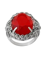 Sterling Silver Marcasite Oval Faceted Garnet Glass Color Ring