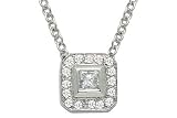14K White Gold Square-Shaped Pendant Necklace, Enhanced with Bezel and Pave Set Diamonds, Sliding on a 16'' cable-chain. ( 0.15 c.t.t.w., GH, SI )