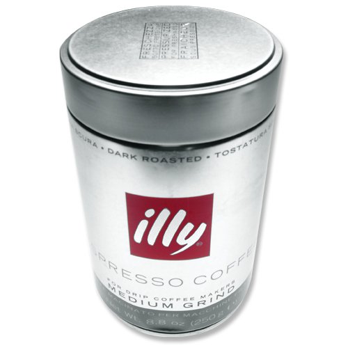Illy dark roast, medium grind, ground coffee, 8.8oz can.