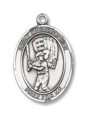 Sterling Silver St. Christopher Sports Baseball Medal Pendant with 24″ Stainless Steel Chain in Gift Box