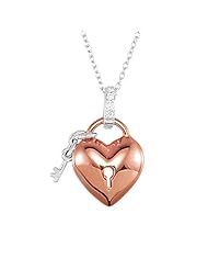 Diamond Heart Lock And Key Silver Necklace with Rose Gold - 18 Inch