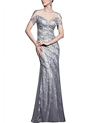 A-line Satin Scoop Neck Sequined Beaded Short Sleeves Mermaid Cocktail Floor Length Homecoming Dress/Pageant Dress/Prom Dress/Party Dress/Wedding Dress 