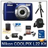 Nikon Coolpix L22 Digital Camera (Blue), 12 Megapixels, 3.6x Optical Zoom (37-134mm), 3 High Resolution LCD, 8 GB Memory Card, Deluxe Camera Case, Lens Cleaning Kit, Card Reader, and Tripod