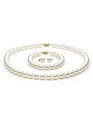 14KT White Gold Elegant Set of Lustrous 8.5-9.0mm White Akoya Pearls including Necklace Bracelet and Earrings.