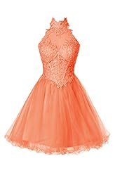 Junior A-line High-Neck Above the Knee Short Tulle Sleeveless Lace Homecoming Dress/Prom Dress/Wedding Party Dress 