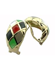 Multi-Colored Jade and Mother Of Pearl Diamond Back Earrings, 14k Gold