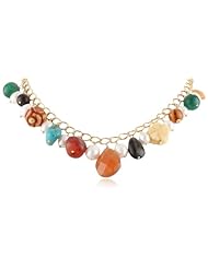 Multi-Gemstone Shapes and White Rice Freshwater Cultured Pearl Drops Thick Gold over Silver Chain Necklace, 16"