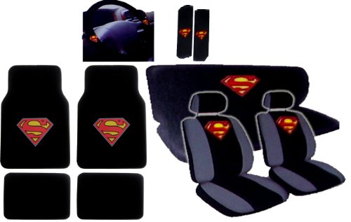  15pcs New Superman Car Seat Covers Set with Heavy Duty Carpet Floor Mats, Shoulder Pads and Steering Wheel Cover