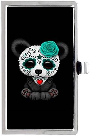 Blue Day of the Dead Sugar Skull Panda on Black Custom Personalized Printed Stainless Steel Business Card Case