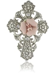The Vatican Library Collection Pink Floral Cross Brooch