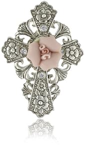 The Vatican Library Collection Pink Floral Cross Brooch