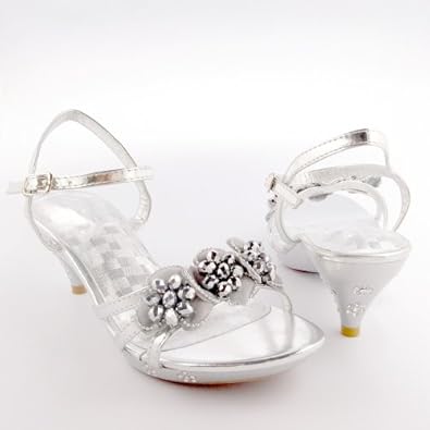 Girls Evening Pageant High Heel Flower Sandals W/ Beaded Detail Silver