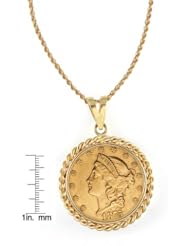 $20 Liberty Gold Piece Double Eagle Coin in 14k Gold Rope Bezel (18" - 14k Gold Rope Chain)