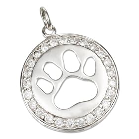 STERLING SILVER 1" ROUND HIGH POLISH CHARM WITH PAW PRINT CUTOUT & CUBIC ZIRCONIA BORDER FOR YOUR OR PET