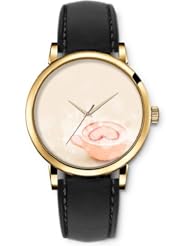 SPRAWL Aanalog Fashion Series Gold Ladies Watches of Genuine Black Leather Strap,Unique Wrist Watch for Women Girls Designed with Cafe of Love