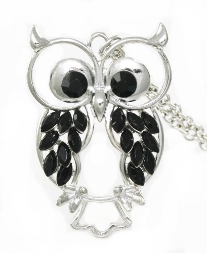 Large Black Crystal Outline Owl Charm Necklace Long 30″ Silver Chain Comes Gift Boxed
