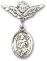 Sterling Silver Baby Badge with St. Daniel Charm and Angel with Wings Badge Pin