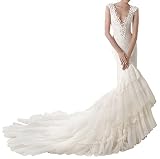 DAPENE® Women's V-neck Open Back Mermaid Wedding Dresses with Long Train
