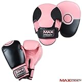 MAXSTRENGTH Boxing Gloves 10oz Focus Pads Pink Ladies Fight Training Set Muay Thai MMA Rex Leather Womens.