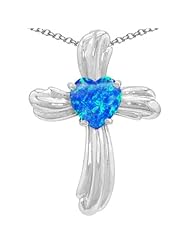 Candygem 925 Sterling Silver Lab Created Heart Shape Blue Opal Cross 1.2 Inch Cross Pendant By Venezia Designs. Free 18inch Silver Chain. Free High End Gift Box.