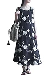 Linen Embroidered Floral Print Sleeveless Midi Dress 
