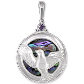 Sterling Silver Paua Shell w/ Mother-of-Pearl Overlay Design and Iolite Accent Reversible Pendant by Sajen