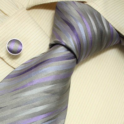 S3012 NEW Designer Hand Made Grey Stripes Neck Tie Cufflinks Purple Grey Ties for Men Jacquard Woven Pure Silk Mens Neck Tie and Cuff Links Gift Set