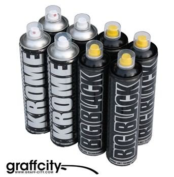 KOBRA Aerosol Spray Paint Pack 1: 4 Big Black cans and 4 Krome cans, all 600ml.