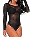 HUUSA Womens Sexy Long Sleeve Sheer Mesh Corset Bodysuit Black Large
