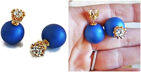 Double Navy Blue Pearl front back high low CZ 14k Gold Tribal ear jacket cuff stud earrings