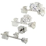 Sterling Silver 2mm 3mm 4mm Round Brilliant Cut CZ Stud Earrings 3-Pair Set