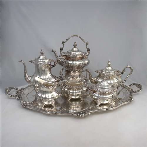 "Rosewood by Gorham, Silverplate 7-PC Tea & Coffee Service w/ Hot Water Kettle"