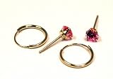 14k Yellow Gold 4mm Four Prong Round Pink Cubic Zirconia Stud and 14k Yellow Gold 10mm Endless Hoop Earring Set