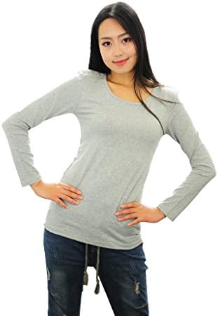 Girl 10-14+ Years Scoop Neck Long Sleeves Skinny Cotton Grey Fall Winter Stretch Shirt