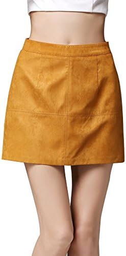 Searia Women Slim A-line High Waist Faux Suede Mini Short Pencil Bodycon Skirt KhakiL