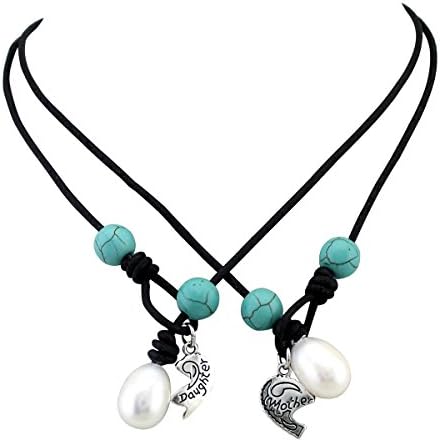 17'' Inch Handmade Rice-shaped Genuine Freshwater Leather Pearl Turquoise Necklace Set with Mother and Daughter Charm Black
