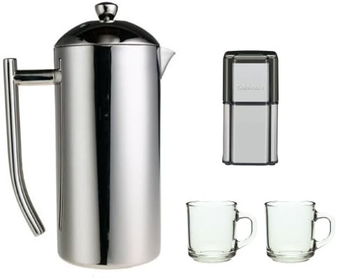 Frieling 0103 Polished Stainless French Press 23 oz w/ Coffee Grinder & Handy Glass Coffee Mug 2pcs