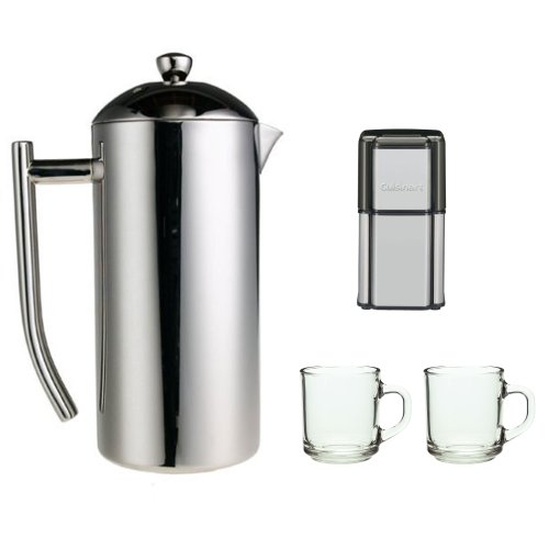 Frieling 0103 Polished Stainless French Press 23 oz w/ Coffee Grinder & Handy Glass Coffee Mug 2pcs