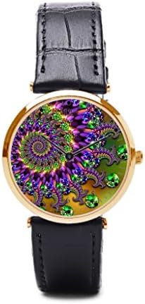 Leynat Purple &amp; Green Bokeh Fractal Pattern Leather Watch Watch Bands Leather Design Psychedelic Wrist Watch Men