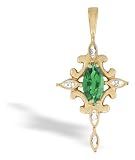 14K Yellow Gold Genuine Marquise Emerald and Diamond Cross Pendant