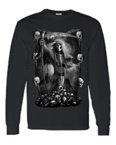 Unisex Biker Grim Reaper Skulls and Scythe Dark Angel BLACK Long Sleeve T-shirt (4XL)