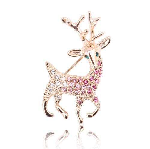 Sparkly Pink Purple Tone Cubic Zirconia Crystals Inlay Christmas Rudolph Reindeer Animal Brooches Pin BR130