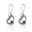 Sterling Silver Marcasite Heart with Garnet-Accent Wire Earrings