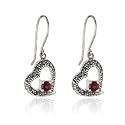 Sterling Silver Marcasite Heart with Garnet Accent Wire Earrings
