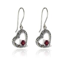 Sterling Silver Marcasite Heart with Garnet Accent Wire Earrings