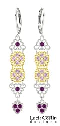 .925 Sterling Silver with 24K Yellow Gold Plated over .925 Sterling Silver Earrings by Lucia Costin with Triangle Shaped Filigree Elements, Lilac and Violet Swarovski Crystals, Adorned with Lovely Charms; Handmade in USA