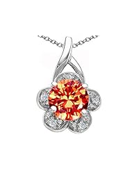 Tommaso Design (tm) Flower Pendant with Round 7mm Simulated Orange Mexican Fire Opal and Diamond