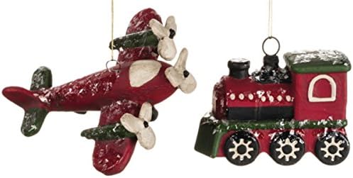 Red Frosted Airplane and Train 5 inch Christmas Ornaments Set of 2