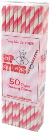 SipSticks Paper Drinking Straws Biodegradable 50 Pack - Hot Pink, Pink & White Stripe