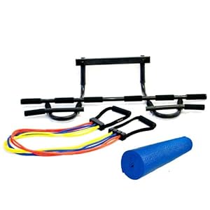 Lion Roar Fitness - Set of Durable Chin up Pull up Bar, X-safe Adjustable up to 45 LBS Resistance Band Set + Free Door Anchor, Yoga Mat - Best Value